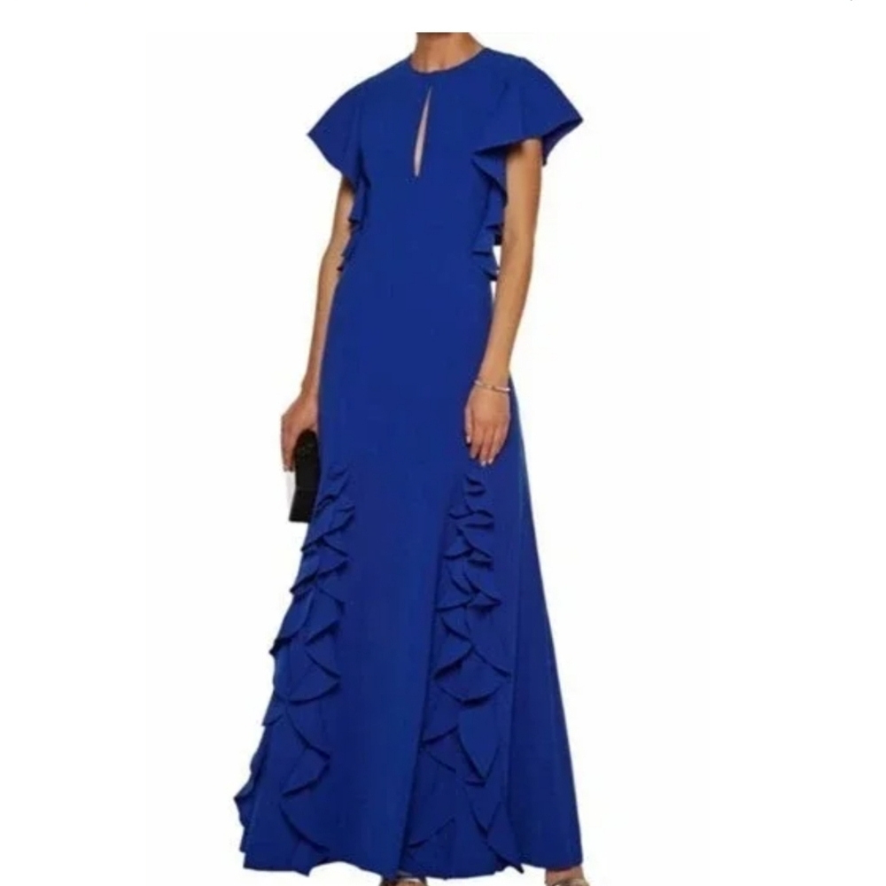 Sachin Babi Noir Blue Ruffle Maxi Dress Keyhole Slit Formal Gown 2